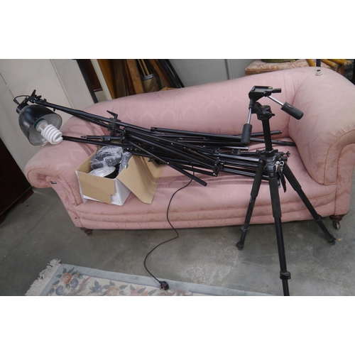 2422 - A quantity of modern tripod light stands and parts and a camera tripod