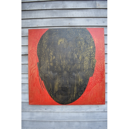 5005 - Possibly CHIT: Thai Contemporary artist: Mixed media portrait.  The front profile image of young gir... 