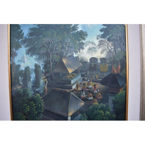 5037 - WUDNATA 2005 Contemporary making offerings to the gods, Bali temple in jungle with volcano to backgr... 
