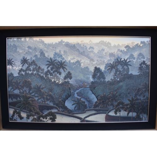 5032 - GALUH UBUD 2005 Bali stepped rice terraces with figure bridge and trees, image size 59cm x 98.5cm, f... 