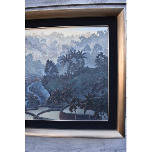 5032 - GALUH UBUD 2005 Bali stepped rice terraces with figure bridge and trees, image size 59cm x 98.5cm, f... 