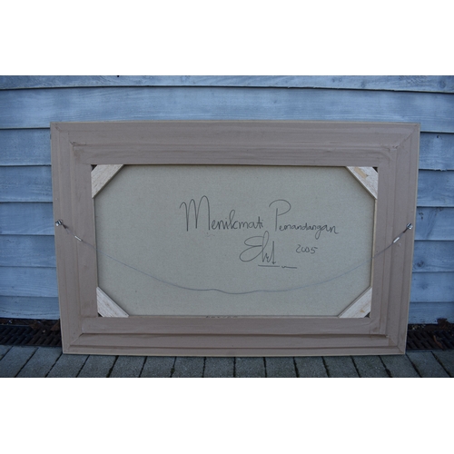 5032 - GALUH UBUD 2005 Bali stepped rice terraces with figure bridge and trees, image size 59cm x 98.5cm, f... 