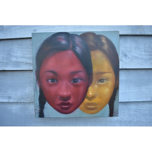 5028 - ATTAGIL POKPONG, two offset faces, acrylic on canvas, dated 2008, 30cm x 30cm