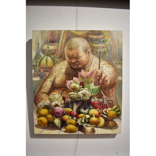 5023 - VIZAT RUNGPAYAK Thai Contemporary Artist: painting titled “colourful offering” depicting a solemn ri... 