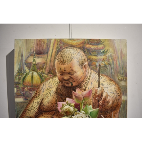5023 - VIZAT RUNGPAYAK Thai Contemporary Artist: painting titled “colourful offering” depicting a solemn ri... 
