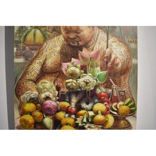 5023 - VIZAT RUNGPAYAK Thai Contemporary Artist: painting titled “colourful offering” depicting a solemn ri... 