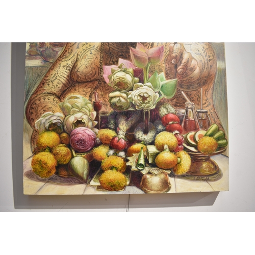 5023 - VIZAT RUNGPAYAK Thai Contemporary Artist: painting titled “colourful offering” depicting a solemn ri... 