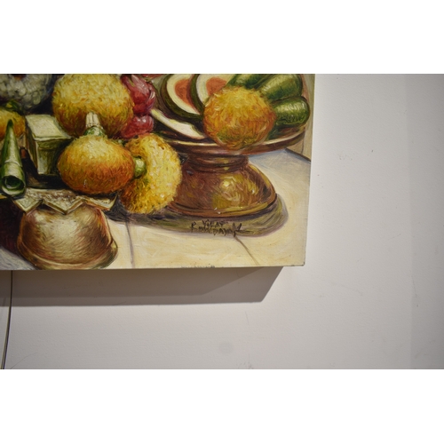 5023 - VIZAT RUNGPAYAK Thai Contemporary Artist: painting titled “colourful offering” depicting a solemn ri... 