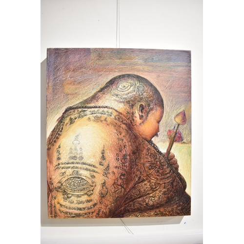 5025 - VIZAT RUNGPAYAK Thai Contemporary Artist: painting depicting a solemn ritual like scene. The central... 