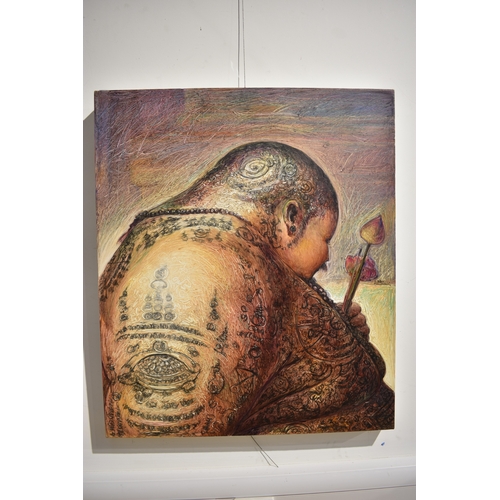 5025 - VIZAT RUNGPAYAK Thai Contemporary Artist: painting depicting a solemn ritual like scene. The central... 