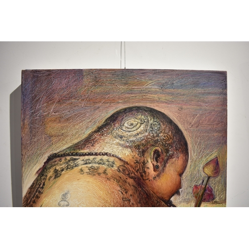5025 - VIZAT RUNGPAYAK Thai Contemporary Artist: painting depicting a solemn ritual like scene. The central... 