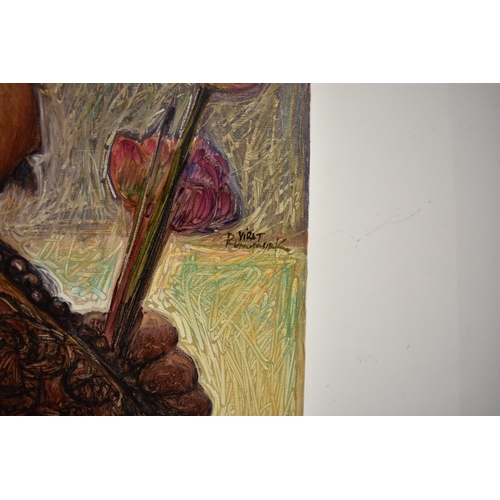 5025 - VIZAT RUNGPAYAK Thai Contemporary Artist: painting depicting a solemn ritual like scene. The central... 