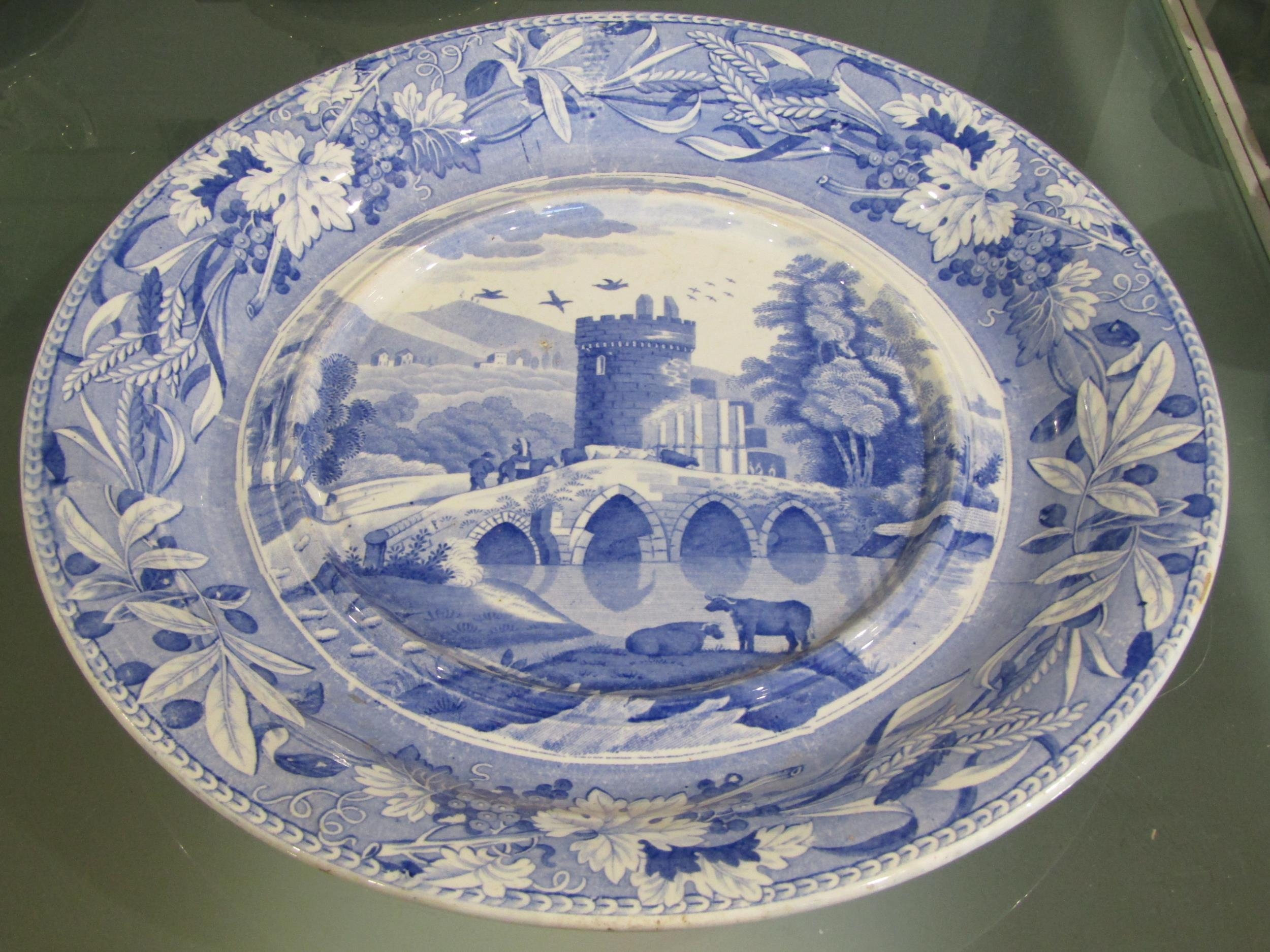 A Spode 'Bridge of Lucano' blue and white plate, 34cm diameter