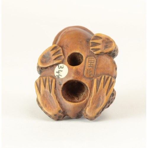 9060 - RISUI: a carved wooden toad with baby on its back, inlaid horn eyes, signed to base

4.2cm wide, 3.2... 
