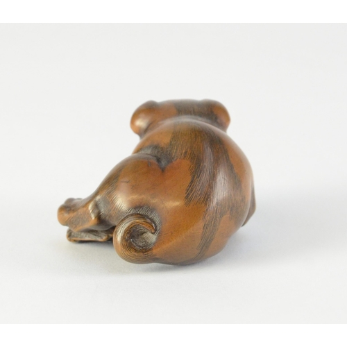 9055 - MASANAO- a carved wooden netsuke of a dog gnawing on a shell, signed to shell, a/f

4cm wide, 4.5cm ... 