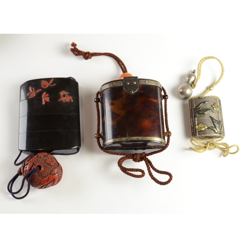 9012 - A white metal two case inro decorated with butterflies with a double gourd ojime bead, signed, toget... 