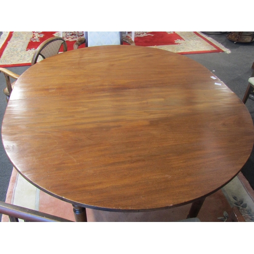 1021 - A 19th Century mahogany dining table comprising two D-end sections, raised on turned supports to cas... 