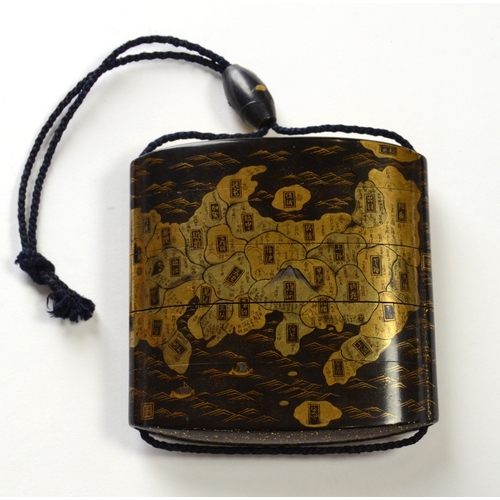 9009 - A gold lacquer five case inro depicting a map of Japan

6.8cm high, 6.8cm wide

Provenance
Henry Pot... 