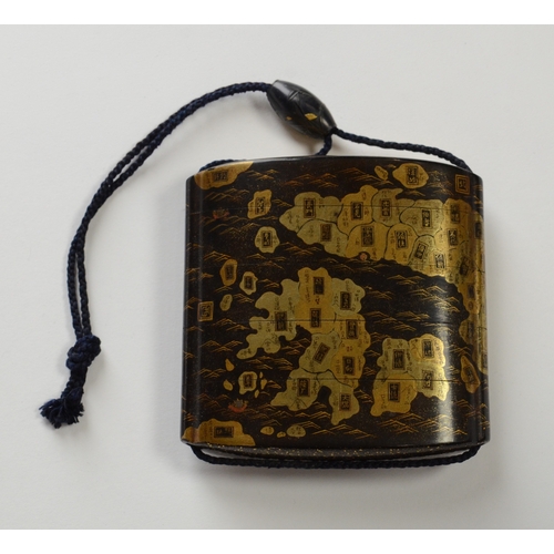 9009 - A gold lacquer five case inro depicting a map of Japan

6.8cm high, 6.8cm wide

Provenance
Henry Pot... 