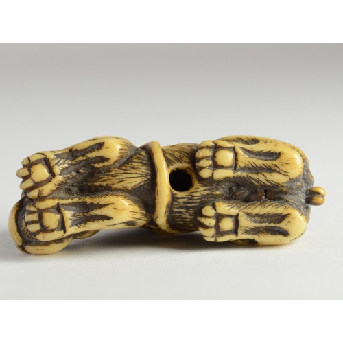 9036 - TOZAN-A stag's horn netsuke of Monju Bosatsu on a lion's back, playing the flute- signed Tozan in ov... 