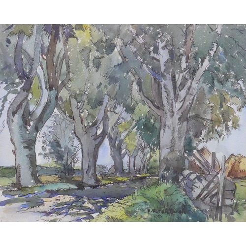 1018 - ROBERT HARDIE-CONDIE (Scottish 1989-1981) A framed and glazed pen, ink and watercolour titled 'Sunsh... 