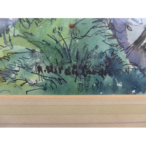 1018 - ROBERT HARDIE-CONDIE (Scottish 1989-1981) A framed and glazed pen, ink and watercolour titled 'Sunsh... 