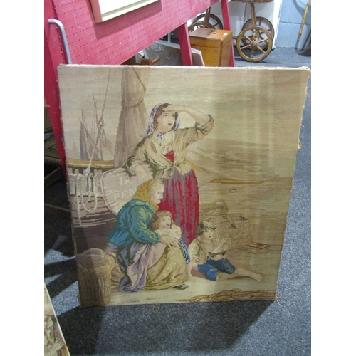 1051 - Three tapestries including fishermen and figures by boat, framed example of lady surrounded by flowe... 