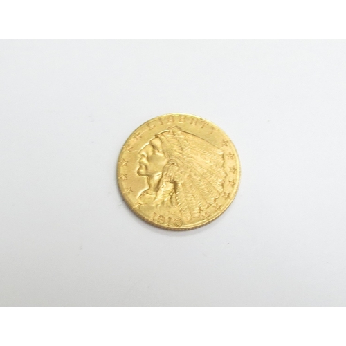 6537 - A gold two and half dollar coin dated 1910 with eagle to one side, native American bust to obverse
