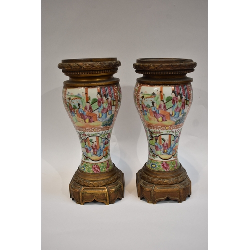1001 - A pair of early-mid 19th Century Chinese canton vases with ornate ormolu tops and bases. The ceramic... 