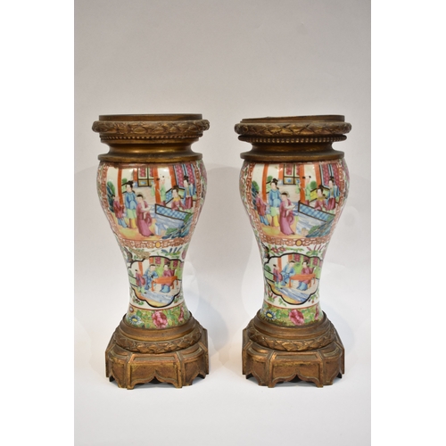 1001 - A pair of early-mid 19th Century Chinese canton vases with ornate ormolu tops and bases. The ceramic... 