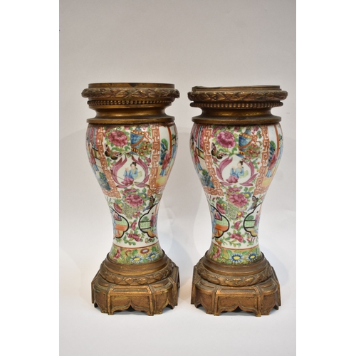 1001 - A pair of early-mid 19th Century Chinese canton vases with ornate ormolu tops and bases. The ceramic... 
