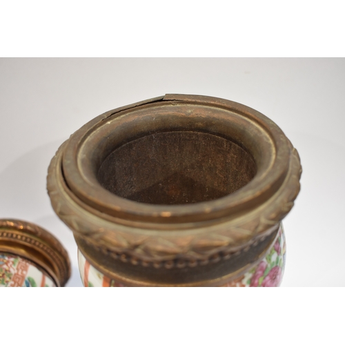 1001 - A pair of early-mid 19th Century Chinese canton vases with ornate ormolu tops and bases. The ceramic... 