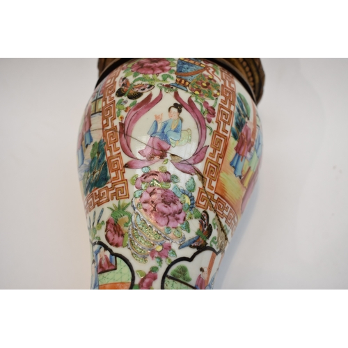 1001 - A pair of early-mid 19th Century Chinese canton vases with ornate ormolu tops and bases. The ceramic... 