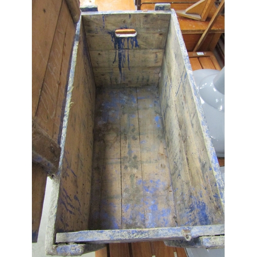 2016 - A French pine crate with iron straps, painted blue with motif