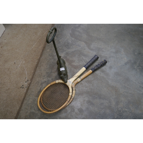 2004 - A pig doorstop and two bygone wood tennis rackets