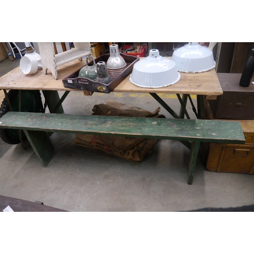 2041 - A rustic green painted pine bench, 190cm long