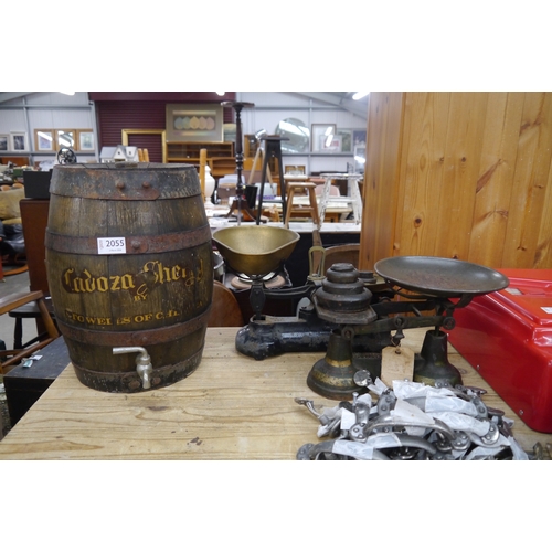 2055 - Two cast iron kitchen scales and a Sherry barrel