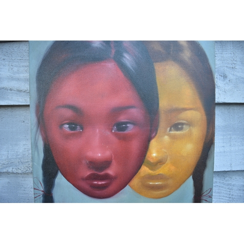 4023 - ATTAGIL POKPONG: Two offset faces, acrylic on canvas, dated 2008, 30cm x 30cm
