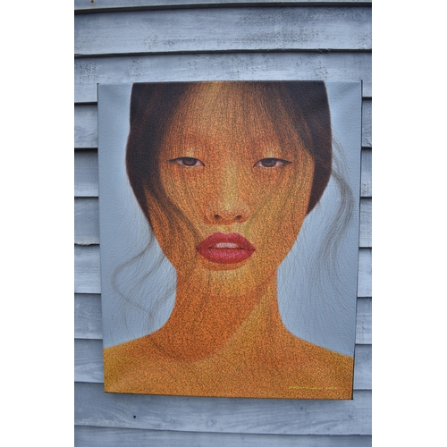 4024 - PAIROJ KARNDEE (Thai Contemporary Artist): Portrait in oranges, greys, reds and brown.  The female f... 