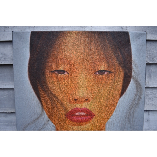 4024 - PAIROJ KARNDEE (Thai Contemporary Artist): Portrait in oranges, greys, reds and brown.  The female f... 
