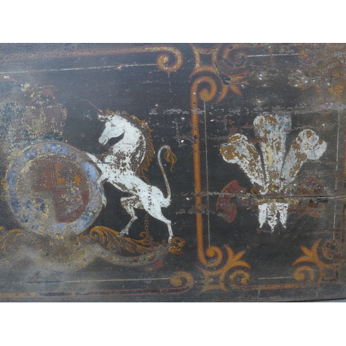 4039 - Royal interest, a painted panel decorated with the Prince of Wales feathers and the Royal Crest, sav... 