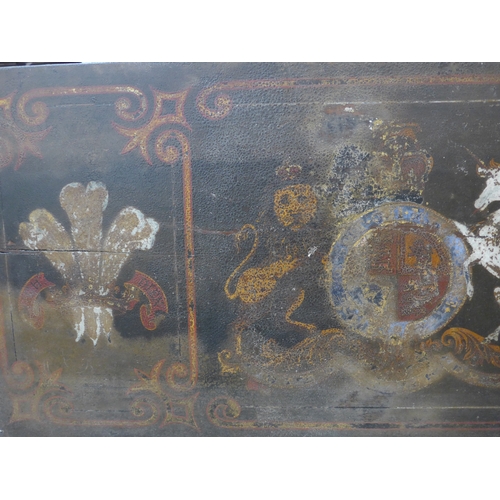 4039 - Royal interest, a painted panel decorated with the Prince of Wales feathers and the Royal Crest, sav... 