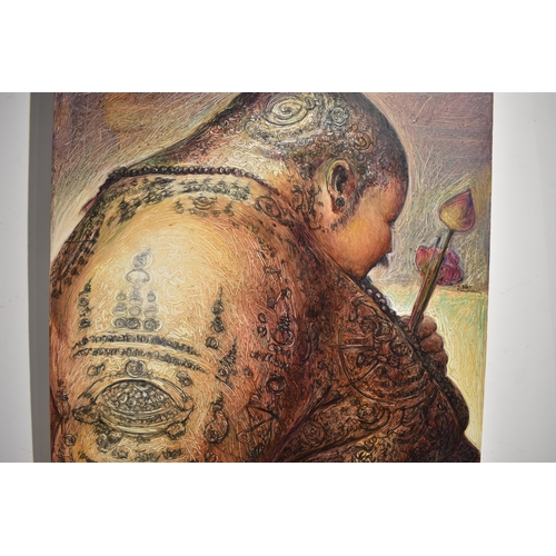 4043 - VIZAT RUNGPAYAK (Thai contemporary artist): Painting depicting a solemn ritual like scene. The centr... 
