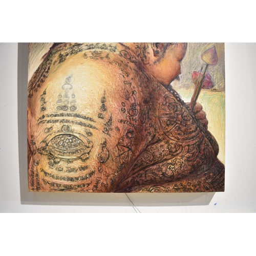 4043 - VIZAT RUNGPAYAK (Thai contemporary artist): Painting depicting a solemn ritual like scene. The centr... 