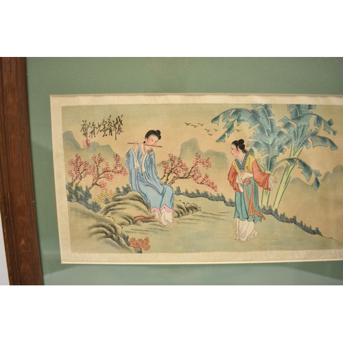 4048 - A painting on rice paper depicting flute player and dancer, framed and glazed, 18cm x 32cm image siz... 