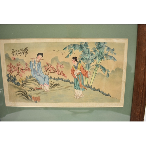 4048 - A painting on rice paper depicting flute player and dancer, framed and glazed, 18cm x 32cm image siz... 