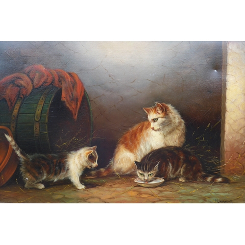 9027 - JACK LEIGH WARDLEWORTH (1863-1925) An oil on canvas, interior scene of cats and barrel. Signed botto... 