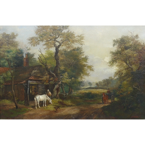 9028 - A 19th Century oil on canvas, Country lane scene with horse & cart and figures. Indistinctly signed ... 