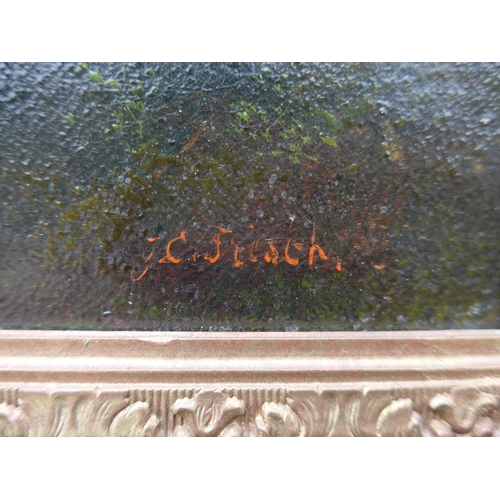 9028 - A 19th Century oil on canvas, Country lane scene with horse & cart and figures. Indistinctly signed ... 