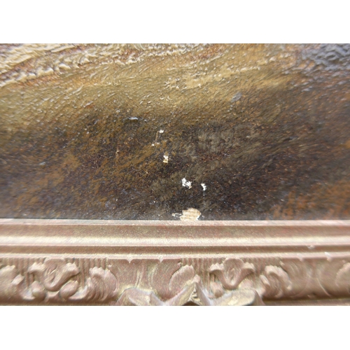 9028 - A 19th Century oil on canvas, Country lane scene with horse & cart and figures. Indistinctly signed ... 